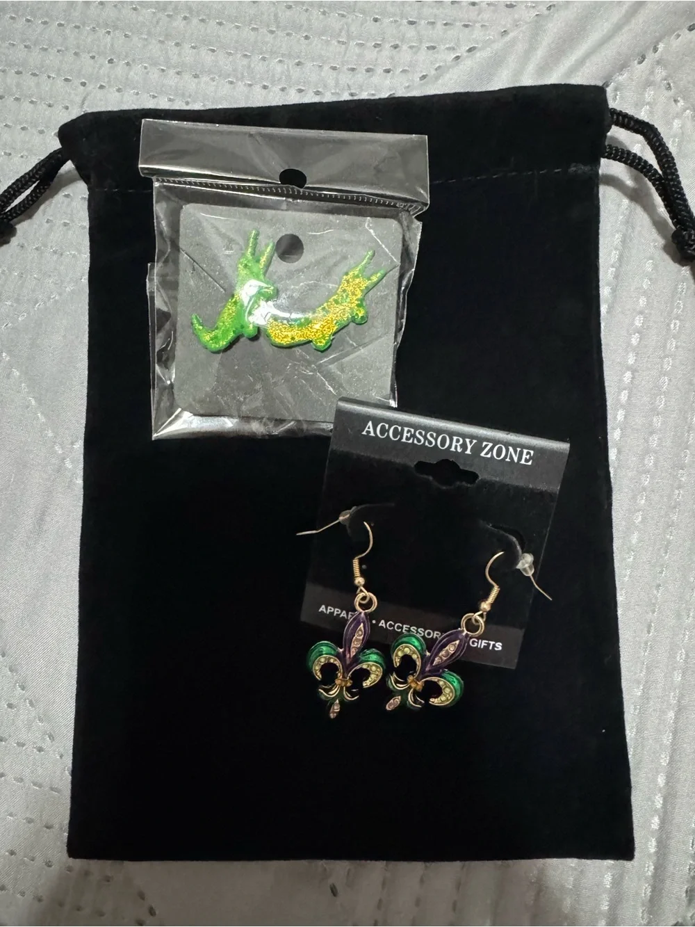 Green and Purple Fleur-de-Lis Dangle Earrings & Alligator Earrings